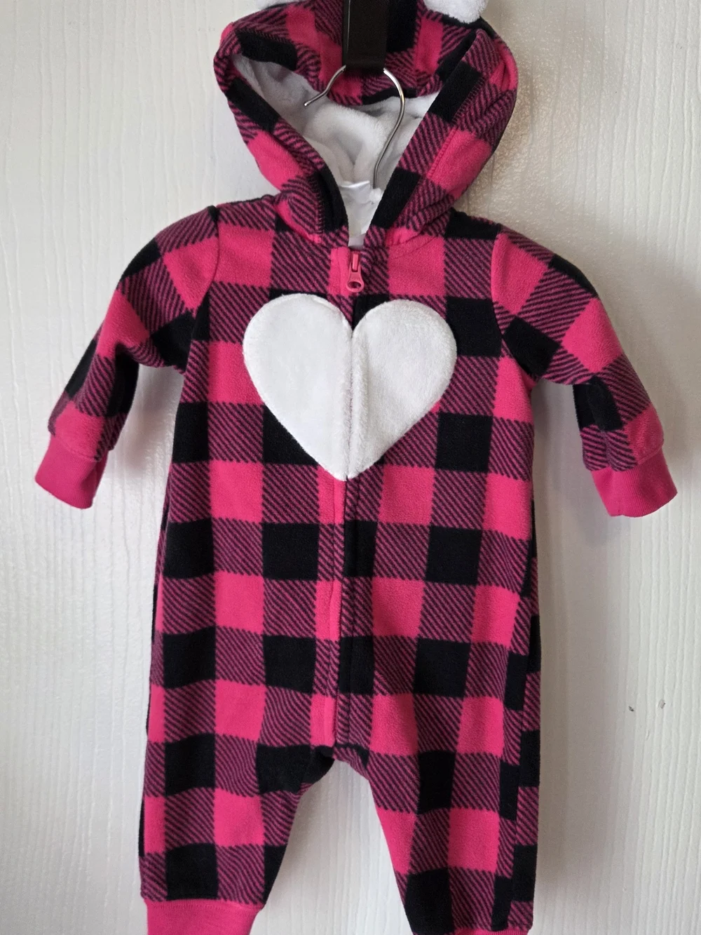Carter's Pink and Black Buffalo Plaid Hooded One-Piece with Heart